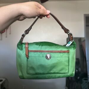 Green Coach Handbag with Brown Accents